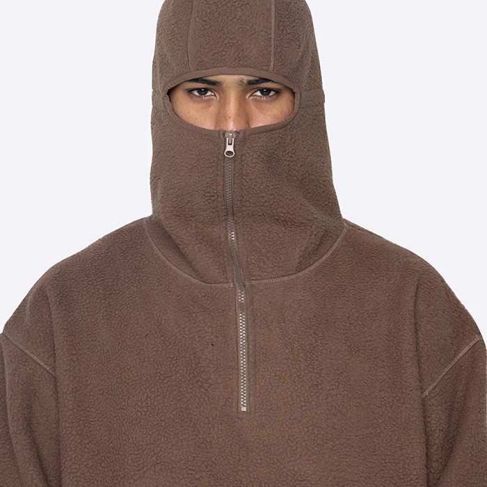huili manufacturer wholesale heavyweight winter thick sherpa fleece hoodie men solid color half zip face masked ninja hoodie