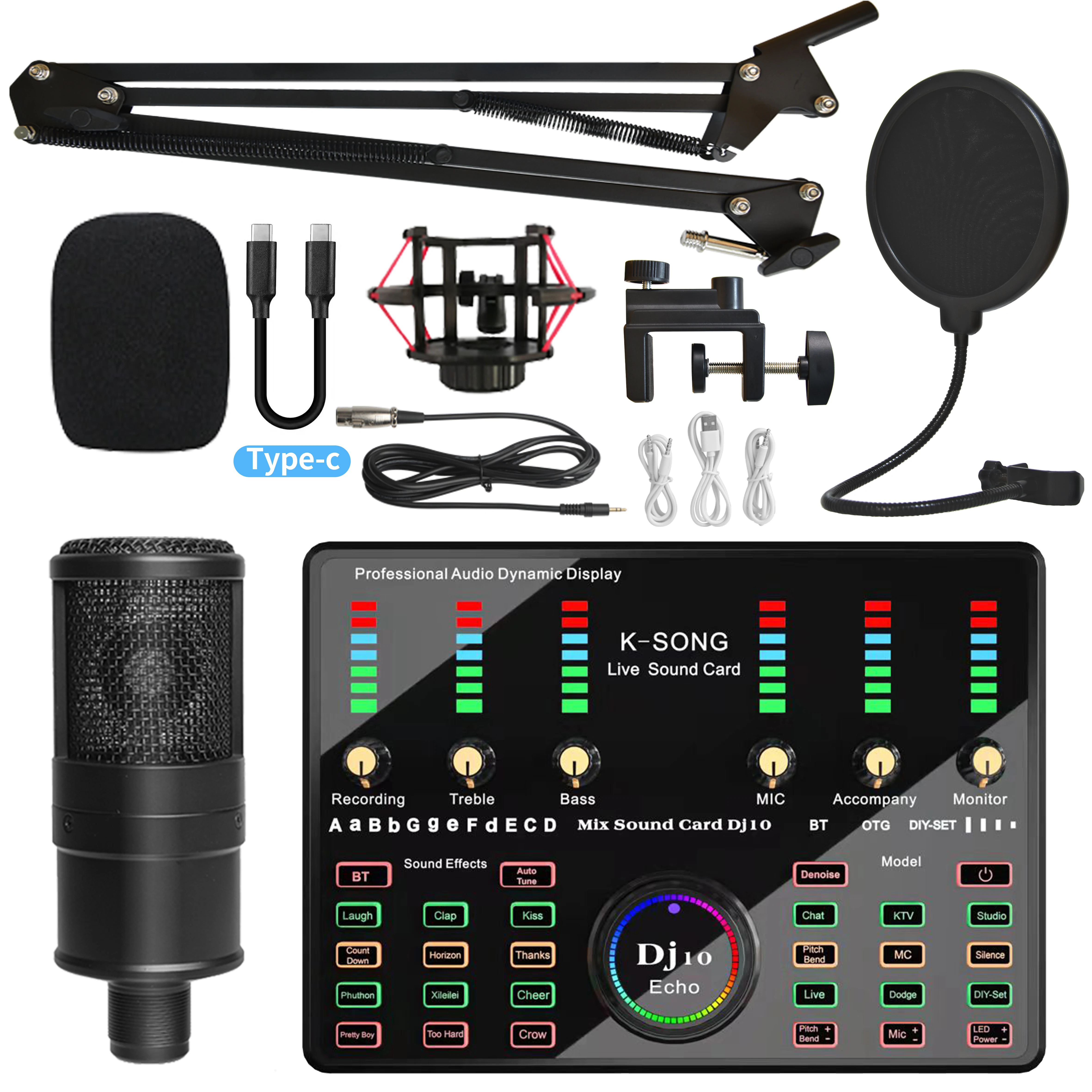 Karaoke Equipment Sound Card Mixer Set Voice Changer with Condenser Microphone Interface Audio Studio External Sound Card