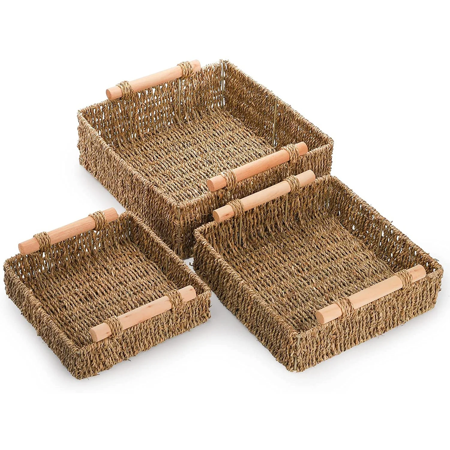 Good selling Woven set of 3 Sea grass Storage Baskets oval Eco-friendly  serving Tray With Wooden Handles for living room