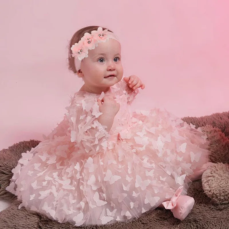 High quality baby 3D flower dress cute mesh bow dress girl festival party elegant temperament dress
