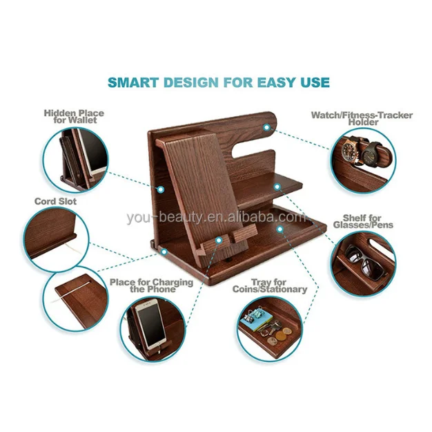 Solid Wood Phone Docking Station Key Holder Wallet Watch Wooden Stand