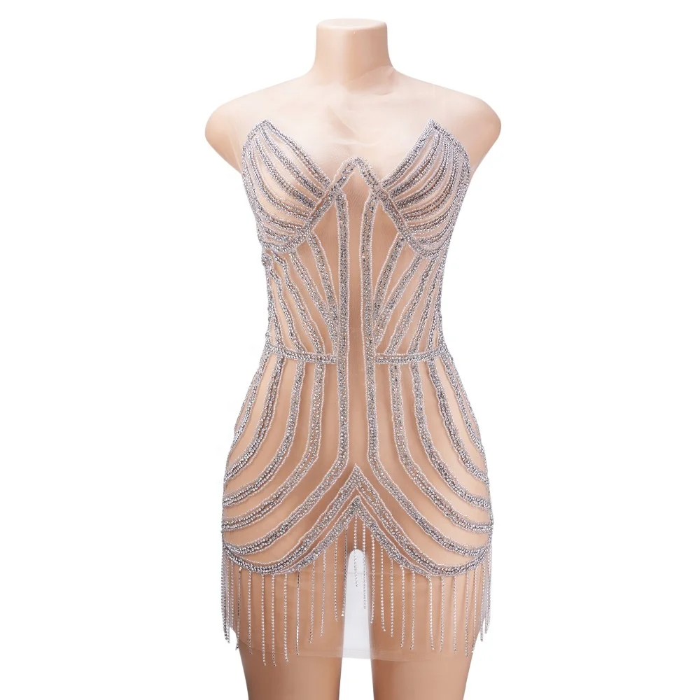 Rhinestone fringe appliques in embroidery stone crystals rhinestones bodice applique dress patches DRA-592