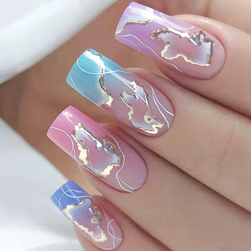 Colored Gradient Irregular Pattern French Press on Nail Long 24Pcs Square Fake Nail Full Cover False Nail Manicure for Women