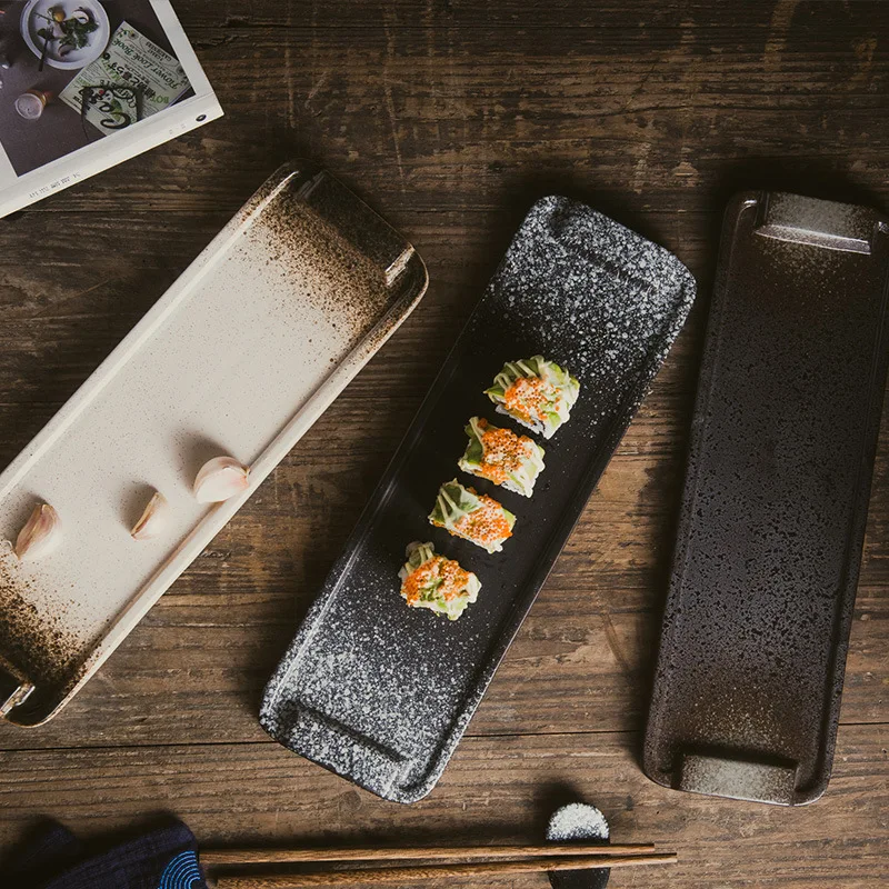 Factory Wholesale Classic Japanese Sushi Fish Household Ceramic Irregular Rectangular Black Plate Large Leaf