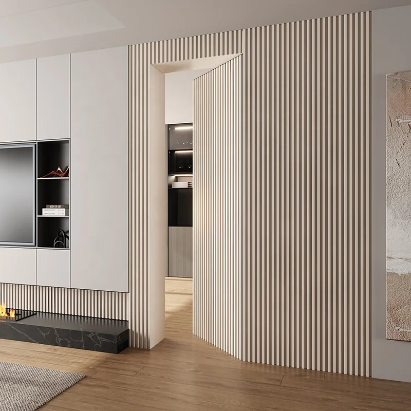 Solid wood fluted panel invisible door TV background wall one living room hidden door Flat open bedroom door