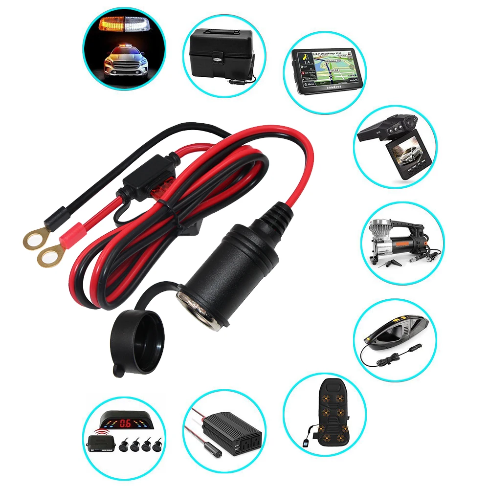 Car Cigar Female Plug Adapter Charging Power Extension Cable Two O Ring Terminal For Car Cigarette Lighter
