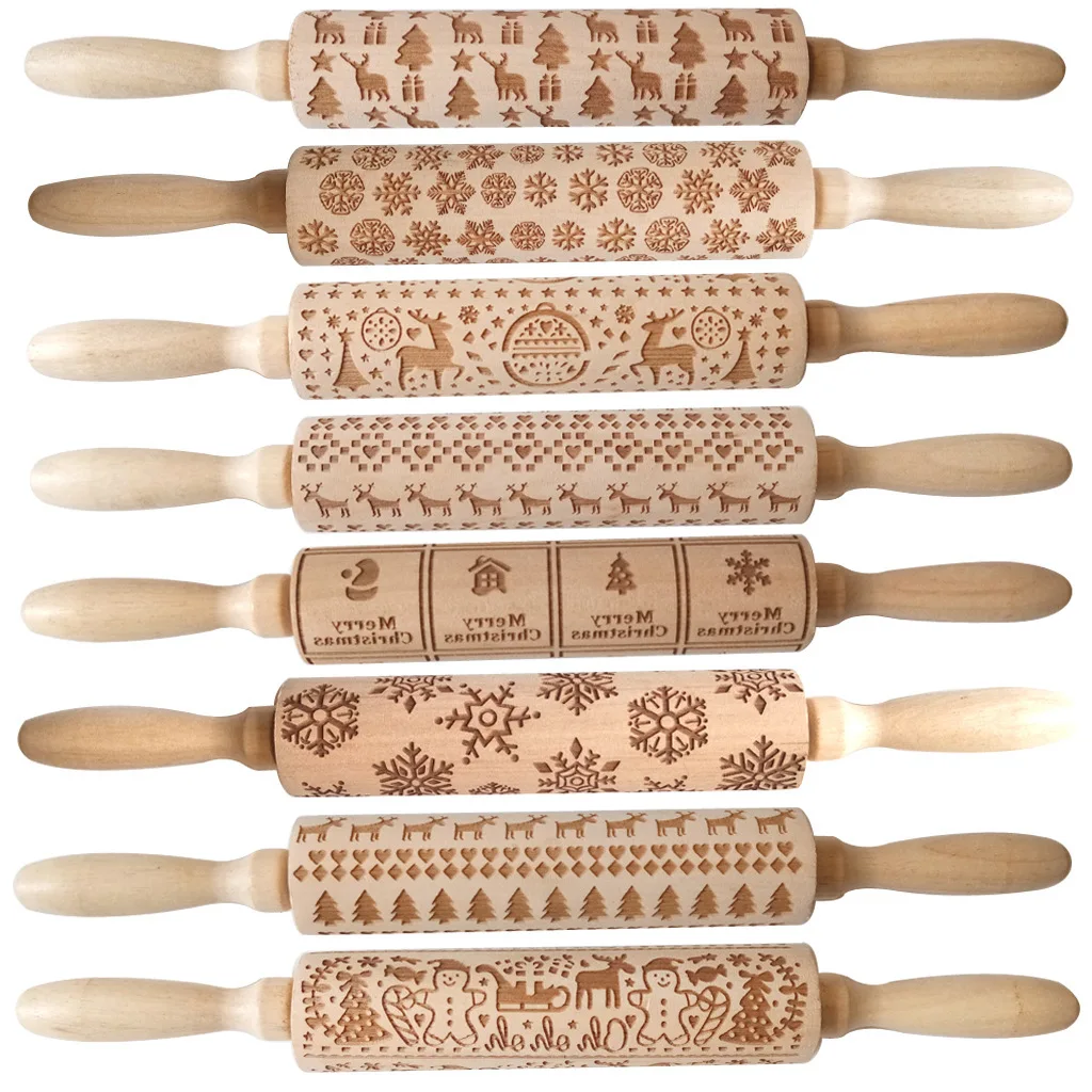 Festival 3D wooden rolling pins with pattern baking tools for cookie