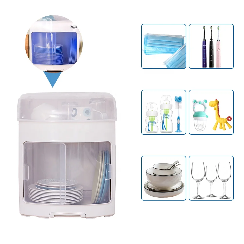 BAOYOUNI 2 Tiers UV Sterilizer Dish Bowl Plastic Storage Box Plates Knife Organizer Rack with Cover Dish Draining Cabinet Shelf