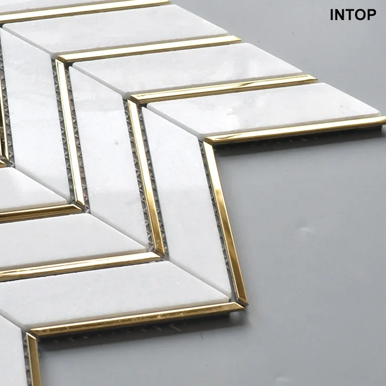 new design chevron herringbone white thassos marble and gold metal stone mosaic tile Nero marquina stone mosaic wall tiles
