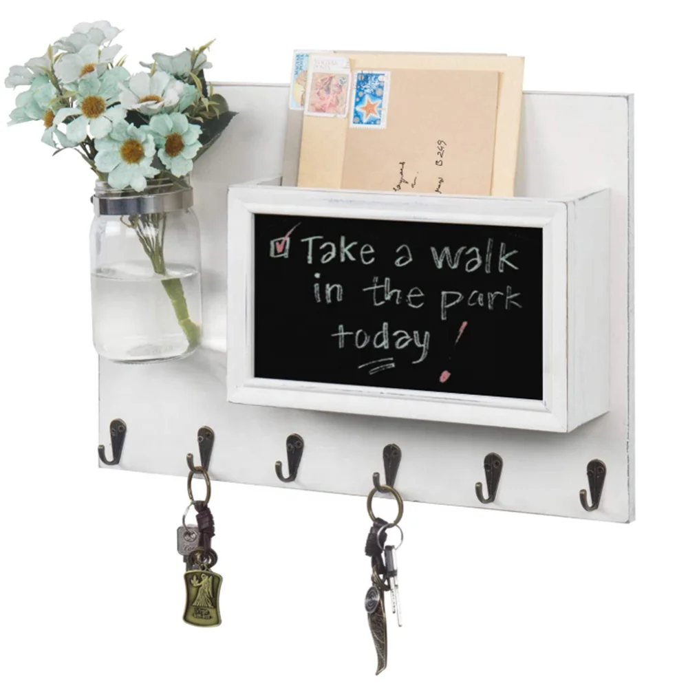 Vintage White Wood Wall Mounted Mail Sorter with 6 Key Hooks Mason Jar & Chalkboard for keeping letters and postcards organized