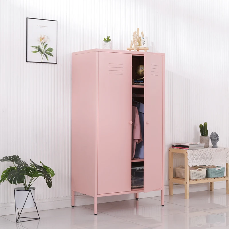 Fashion pink metal swing 2 door cupboard home furniture steel storage cabinet wardrobe for living room