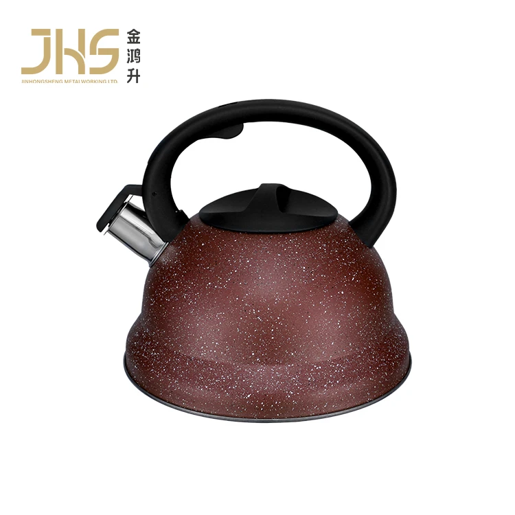 JHS OEM red color coating with white spot sprayed silicone paint plastic whistle kettle with stainless steel flat bottom