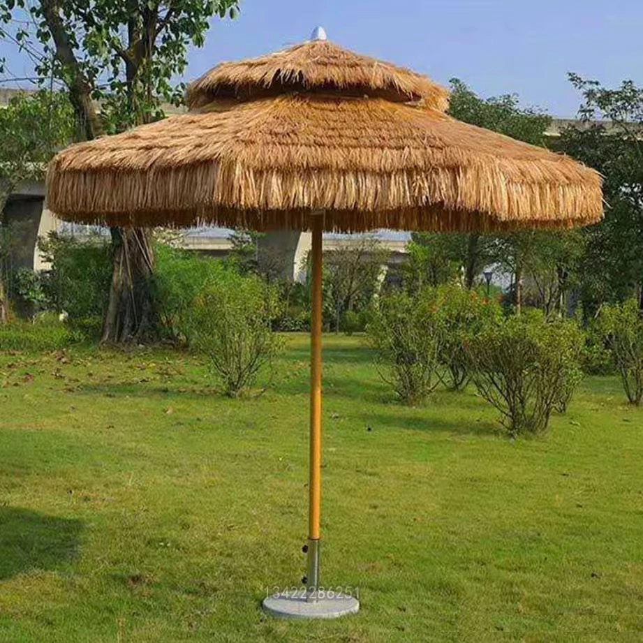 outdoor spot large advertising umbrella PP beach straw simulation sun proof thatch sunshade Thatch Roof Straw Umbrella