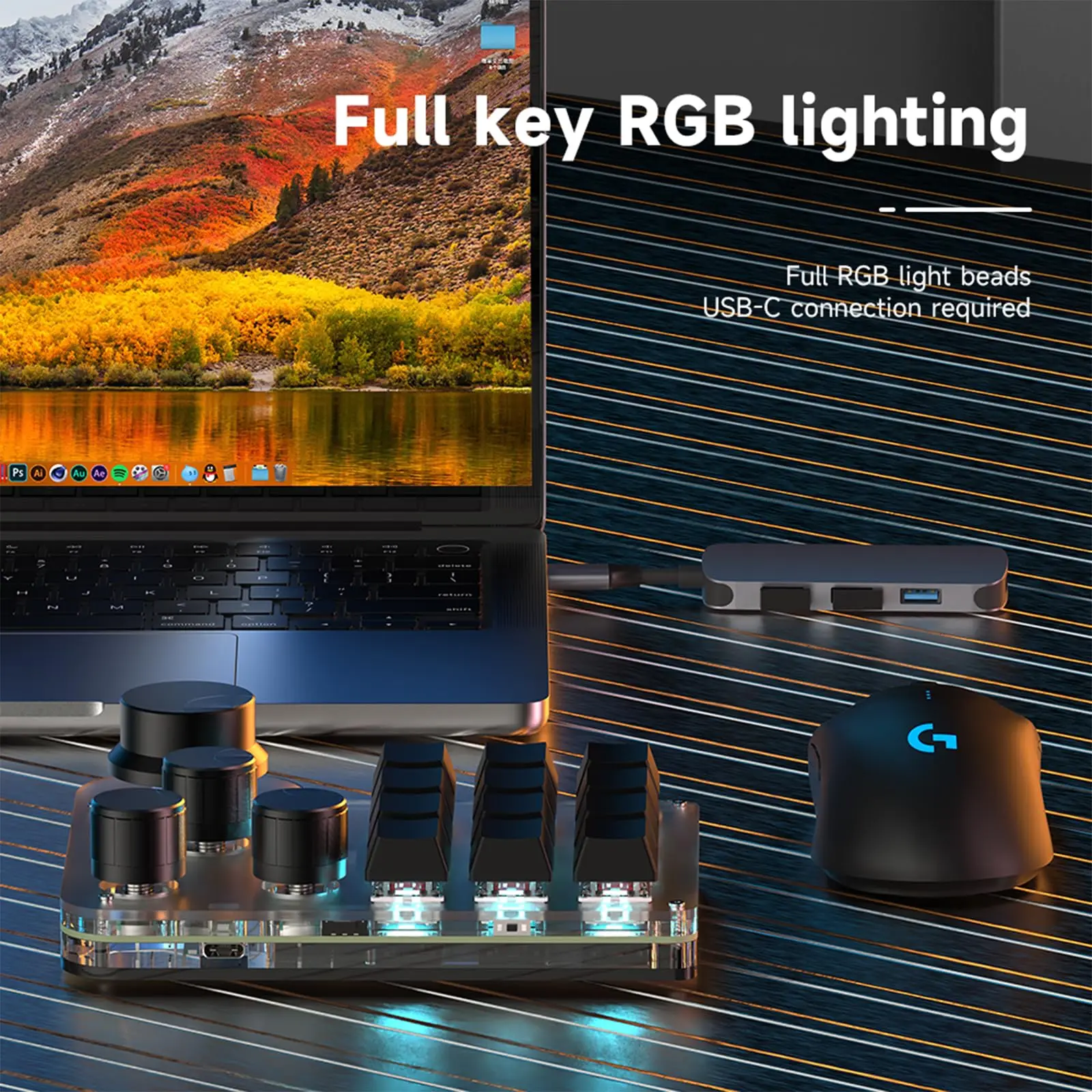 One Handed Keyboard Programmable Keypad 3 Modes 12 Keys 4 Knobs Blue Switch RGB LED Gaming Keyboard USB C BT 2.4G 6 Foot Pads