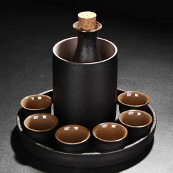 Japanese Style Ceramic Sake Pot Cup Set (9pcs/set) Black Pottery Liquor Flask Wine Bottle Cups Tray