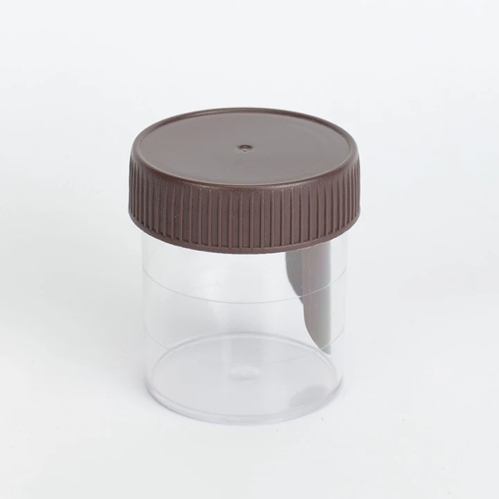 Hot Sales Hospital 60ml Stool Specimen Measurement Bottles C/W Brown top cover With Spoon