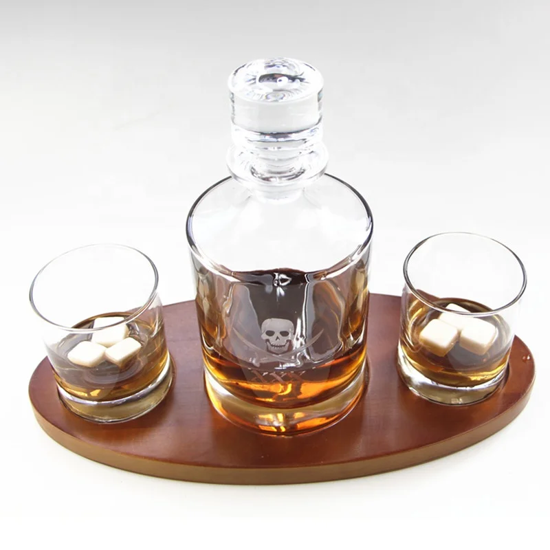 Engraved Custom Logo Whiskey Decanter and Glasses on Classic Wood Base Tray Gift Set for Sale Shot Glass CE / EU Square Stocked