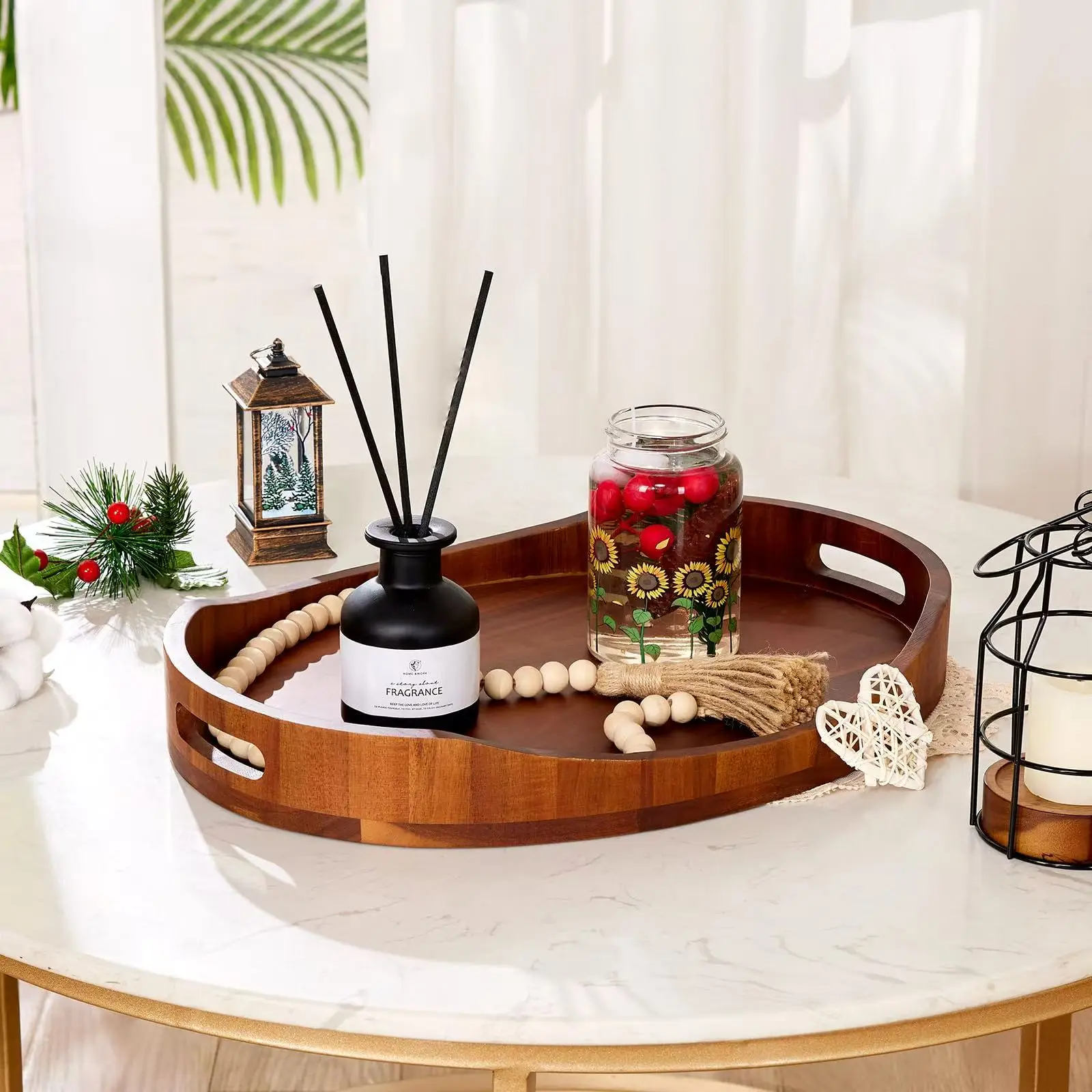 Modern Acacia Wood Serving Tray Handle Breakfast Snack Rectangular Dishes Plates Seagrass Oval Shape Bathroom Tray Banquet Tray