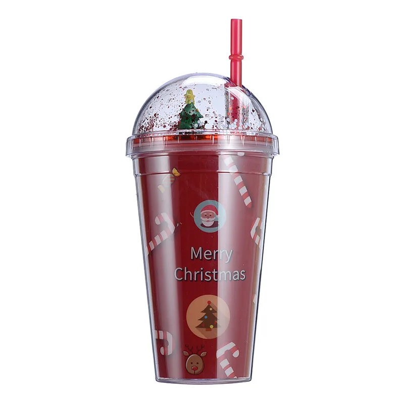 Double-layer plastic straw cup creative glitter summer ice cup students Christmas gift water cups