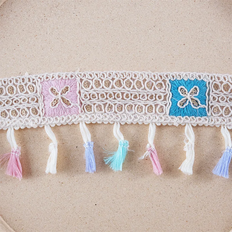 Width 6-9 CM Cotton sequins ethnic pom pom trim Colorful Metallic ball broom fringe Tassel lace For curtain Garment Accessories