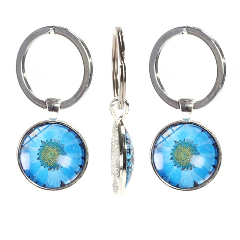 Colored Preserved Flower Metal Backing Single Side Crystal Glass Keychain