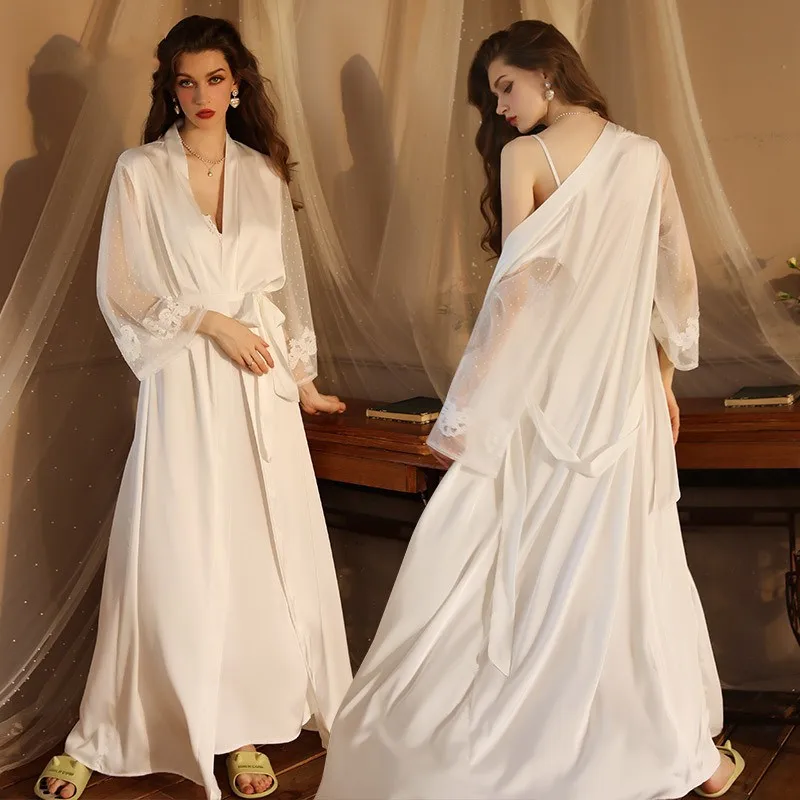 2022 New Autumn Winter Sexy Nightgown Plus Long Bathrobe Pajamas 2 Piece Set Sleepwear Women Long Sleeve Satin Pajamas