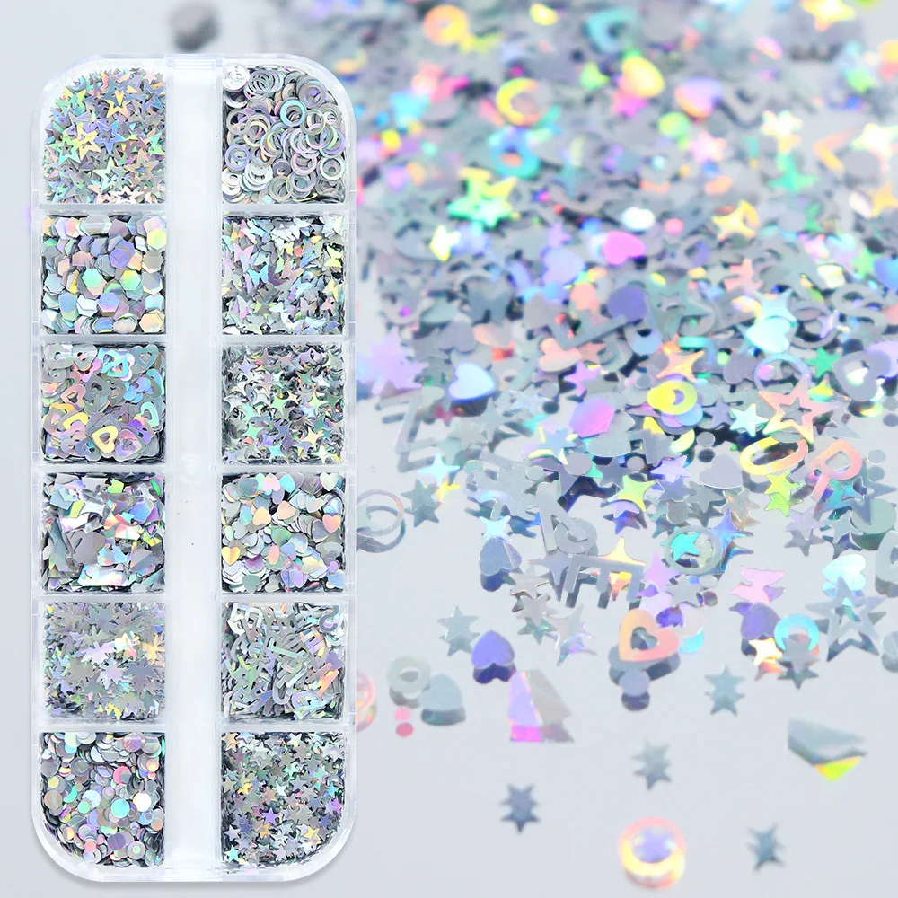 12 Grids Butterfly Nail Glitter Sequins Decoration Laser Silver Maple Leaf Star Circle Various Shapes Flakes Nail Accessories