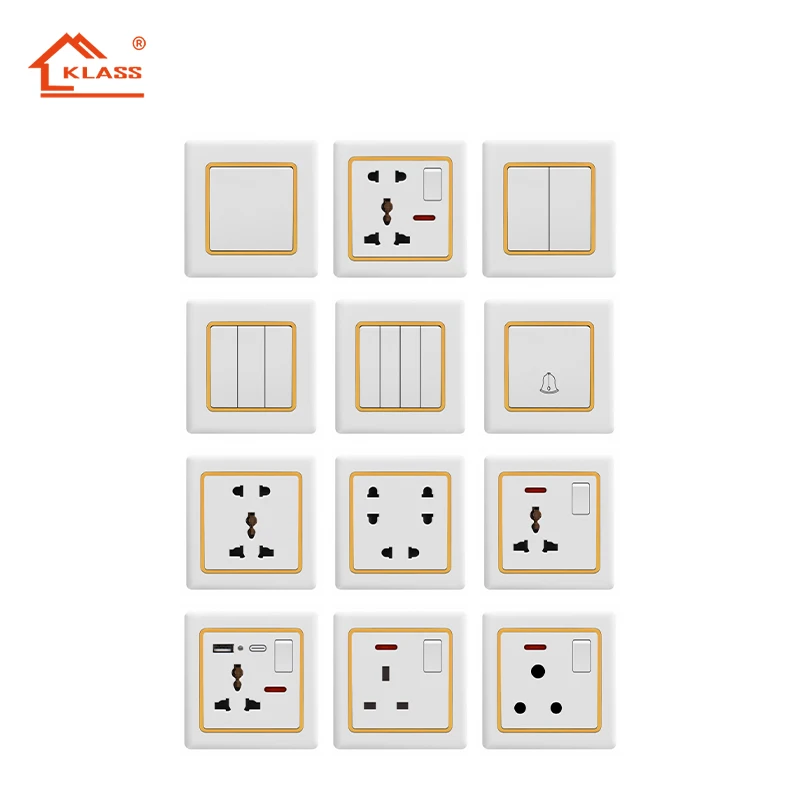 KLASS 12v 250v bangladesh gang switch socket 86mm 8 pin 6 pin switch socket wall white PC 6 pin switch and socket