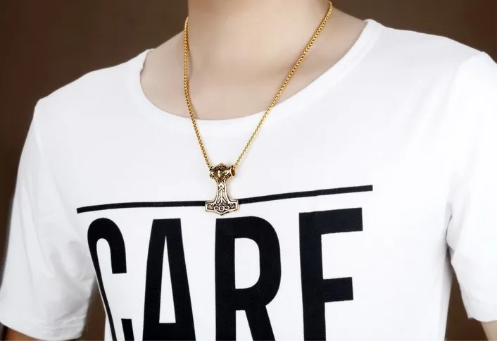 Cool stainless steel mens  gold jewelry necklace thor hammer necklace