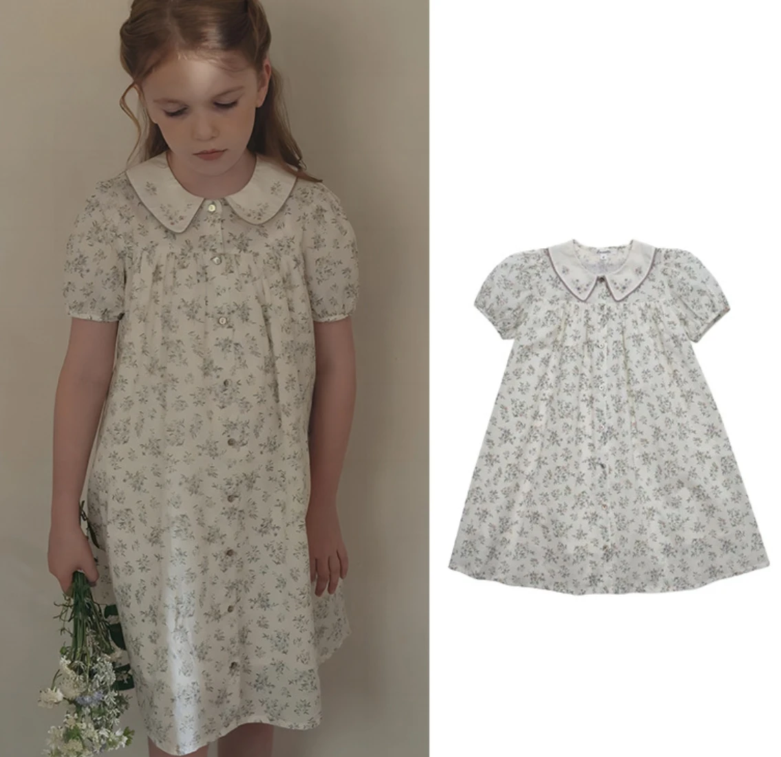 European vintage style toddler girl floral cotton puff sleeve princess bow dress