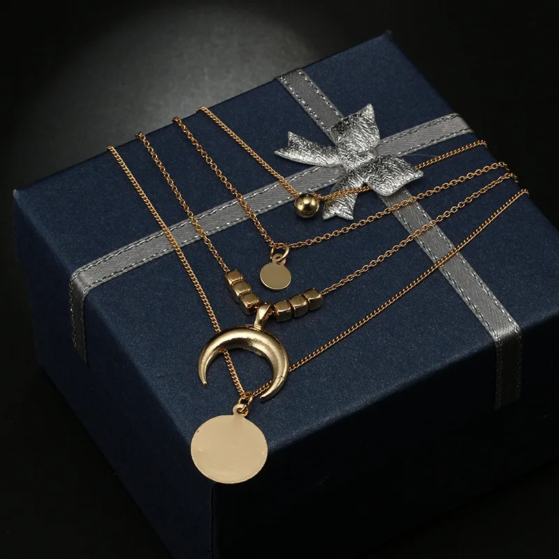 
Wholesale and retail fashion new retro ethnic wind moon horn round plate alloy multi-layer necklace 4 layer alloy necklace 