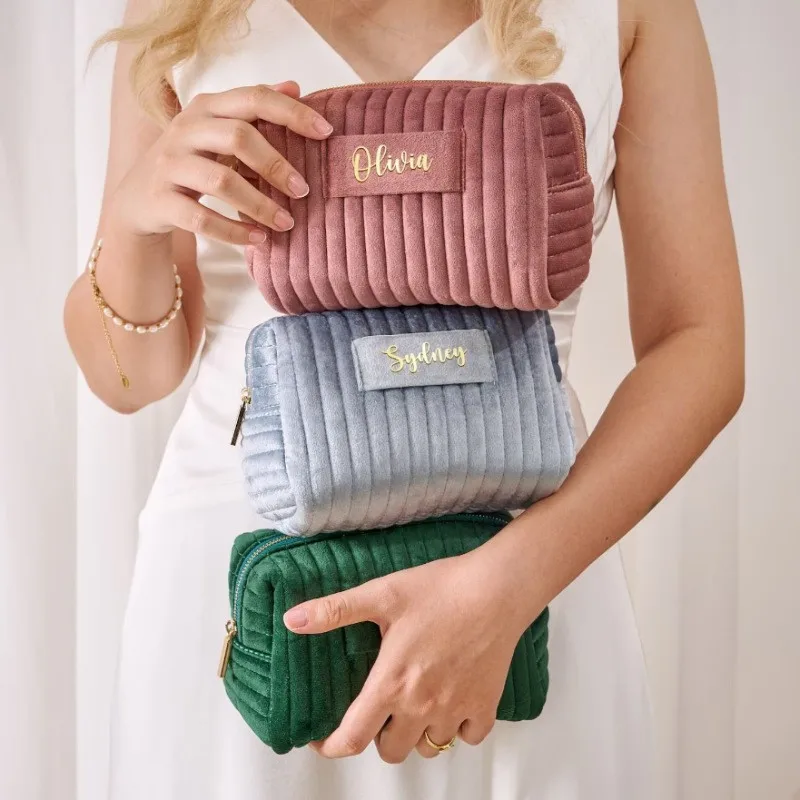 Custom Logo Travel Large Quilted Cosmetic Pouch Velvet Makeup Bag For Women