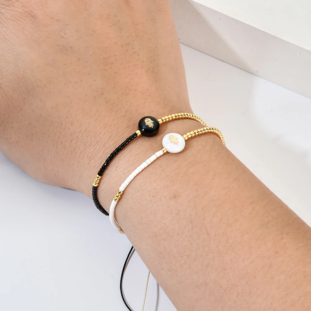 Boho Miyuki White Shells Black Beads Lucky Charm Bracelet Women Men Girls Star Beads Jewelry Bracelets Female Korea Style