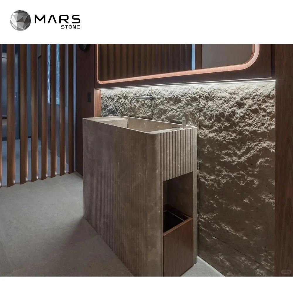 Customized Design Mounted Natural Stone Floating Bathroom Beige Travertine Marble Sink Wash Basin