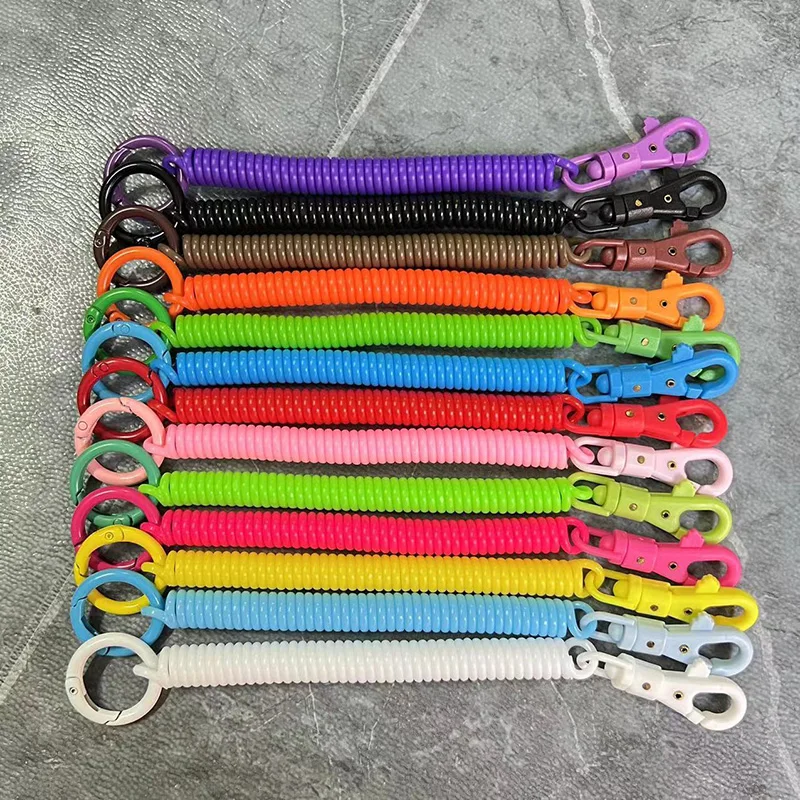 wholesale spiral retractable spring coil keychain stretch cord safety elastic rope key ring with lobster clap