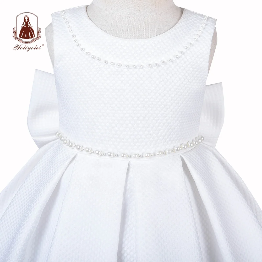 Wholesale Children Girl Summer Solid White Clothing Sweet Baby Kids Girls Ball Gown Wedding Party Dress With Bow