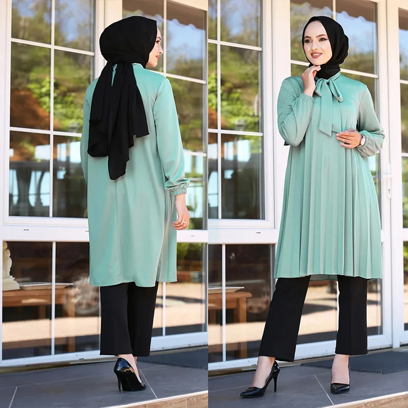 Muslim women casual crew neck tunic modest top custom turkey muslim long sleeve pleated chiffon blouse