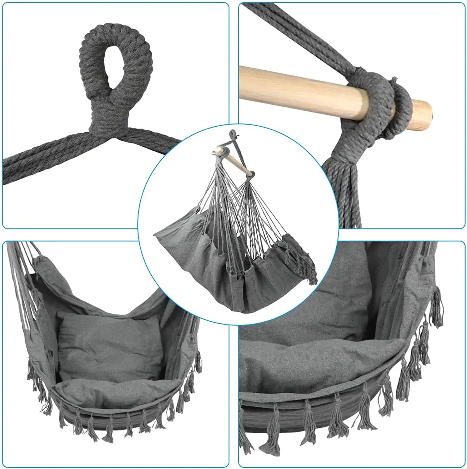 Hammock Chair Swing Hanging Chairs Rope Swing Seat with 2 Pillows and Stick Perfect for Outdoor/Indoor