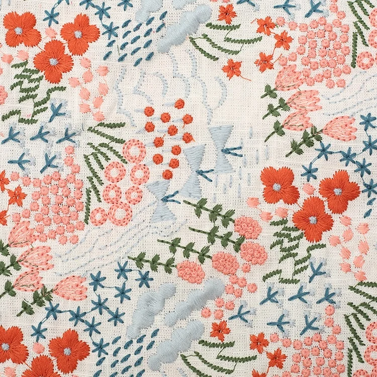 Width 125 cm Colorful Handmade Embroidery Plant Flowers Fabric Cotton Linen Fabric For Cheongsam Dress Bag