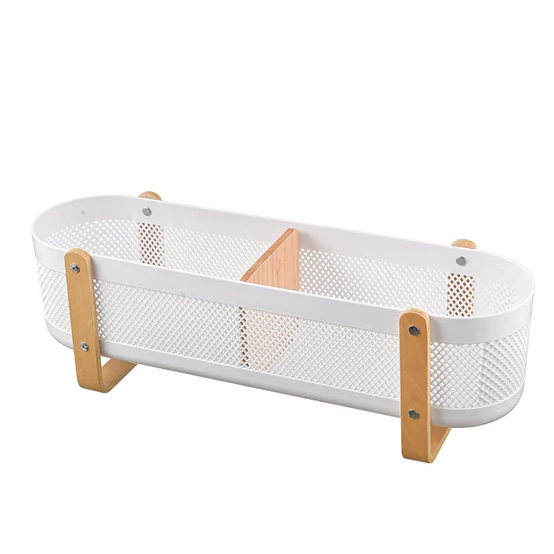Creative Wooden Handle Storage Holder Rectangular Plastic Basket for Kitchen Cabinet Clutter Desktop Organization