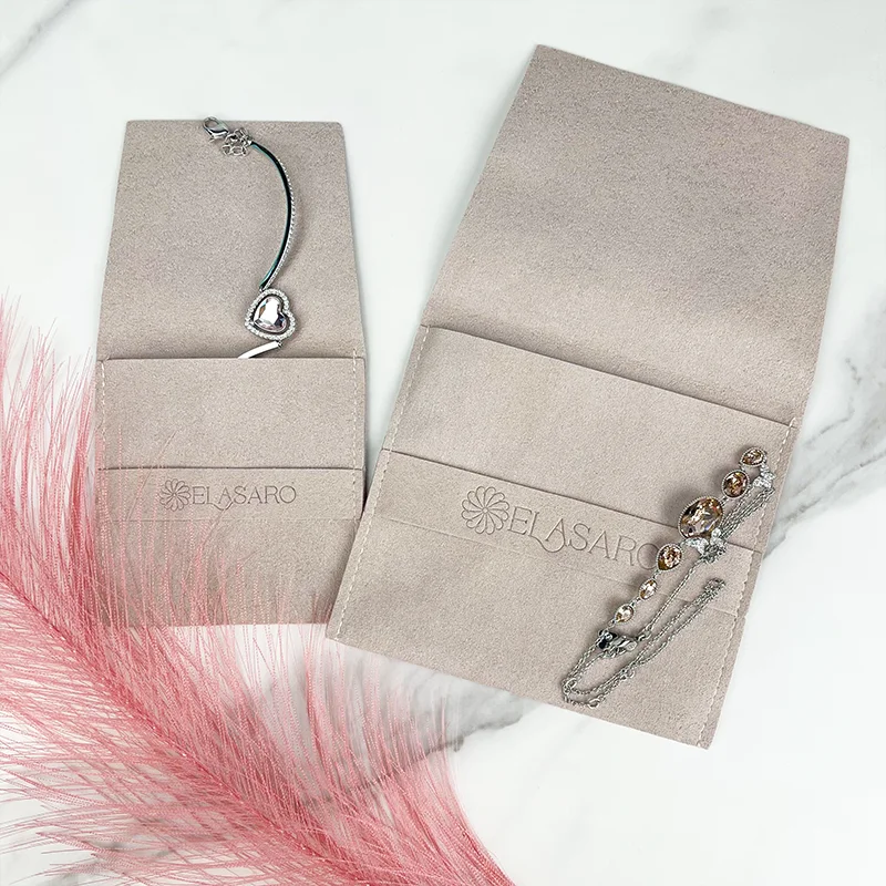 Custom Low MOQ Luxury Fold Small Suede Velvet Gift Envelop Pouch with Leather Drawstring Fashion Jewelry Bag