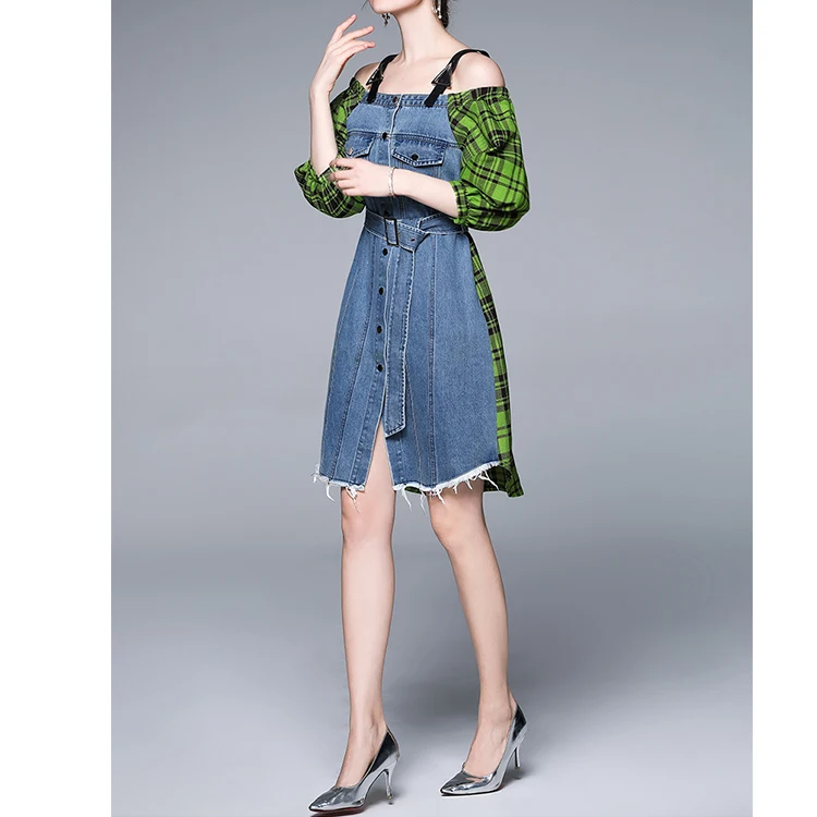 Fashion Summer off shoulder splicing patchwork sewing  washed Casual midi long Denim Jeans  women Dress
