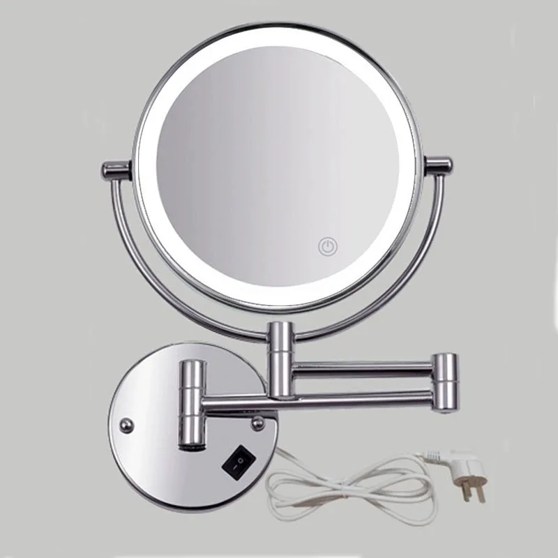 Hotel Magnifying Mounted Brushed Nickel Double-Sided Makeup Mirror LED Wall Light Bathroom with Plug