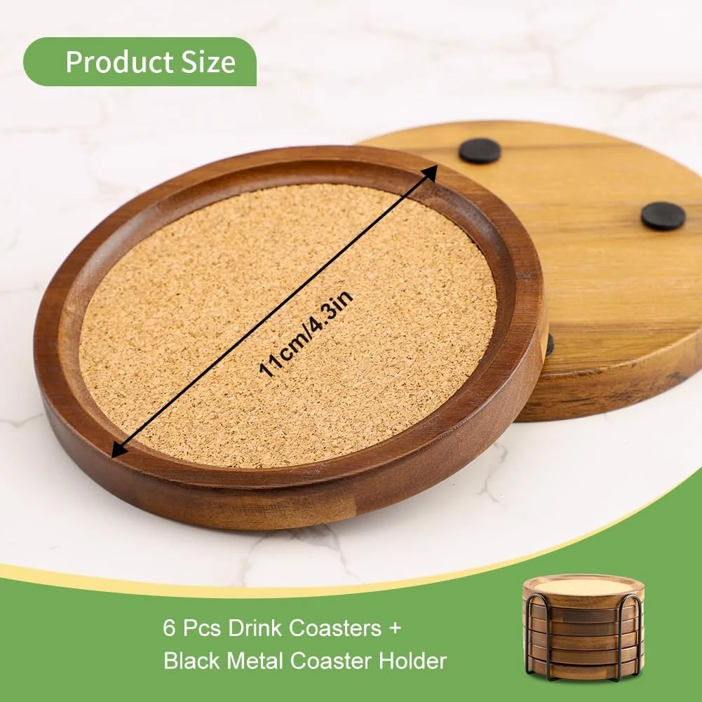 Luxury bar tools acacia wood coaster round wooden beer cup drink coaster kitchen wood cork coaster with holder stand rack
