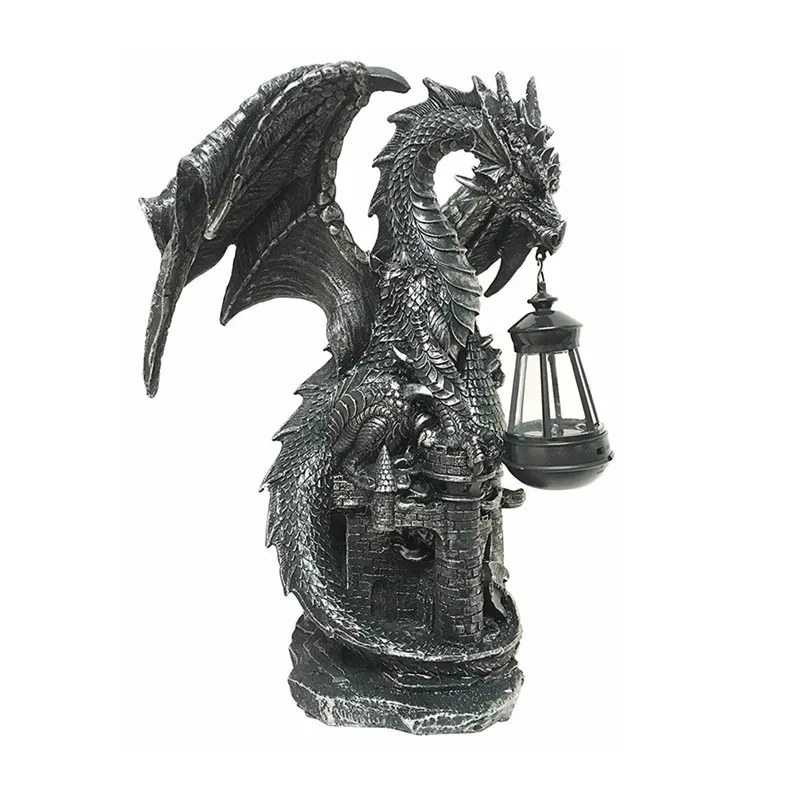 Polyresin fiberglass Dark Beacon Dragon Guardian of Styx Castle Gate Statue with Solar LED Light