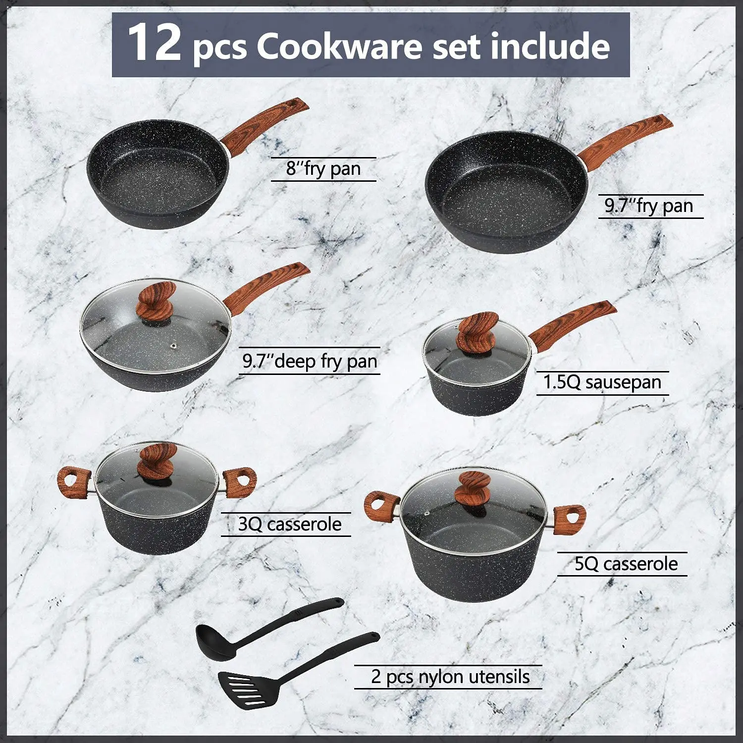 Induction Kitchen Cookware Set Nonstick Pans - Granite Healthful Casserole Ceramic Cookware Sets
