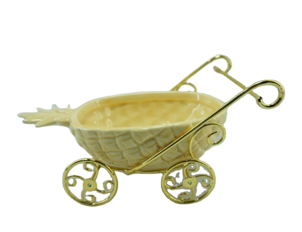 Yellow pineapple cart House Decor Planters Wrought Wheel Barrel Plant Stand Holder Gold Iron Flower CART Ideal for Home Garden