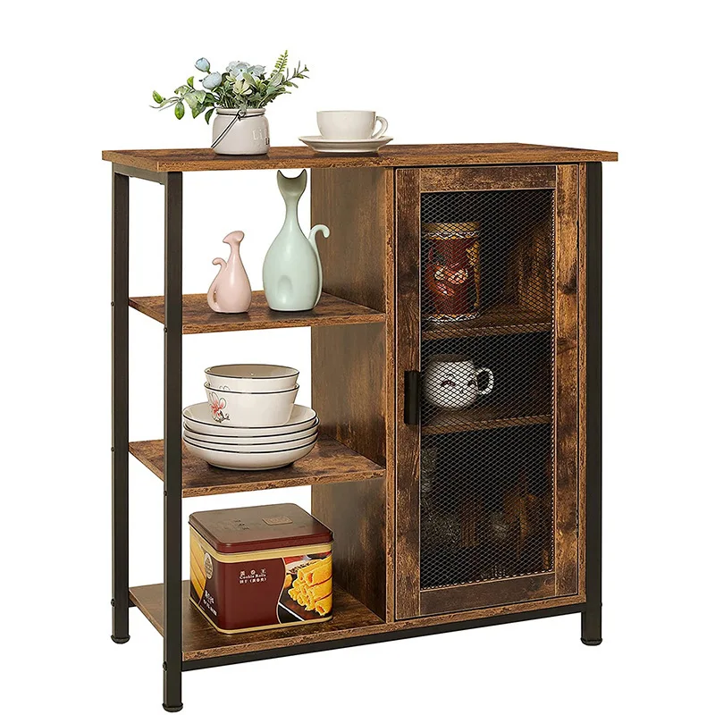 Rustic Brown Side Storage Cabinet Cupboard Sideboard with 3 Open Shelves and Door for Living Room Bedroom Kitchen Hallway