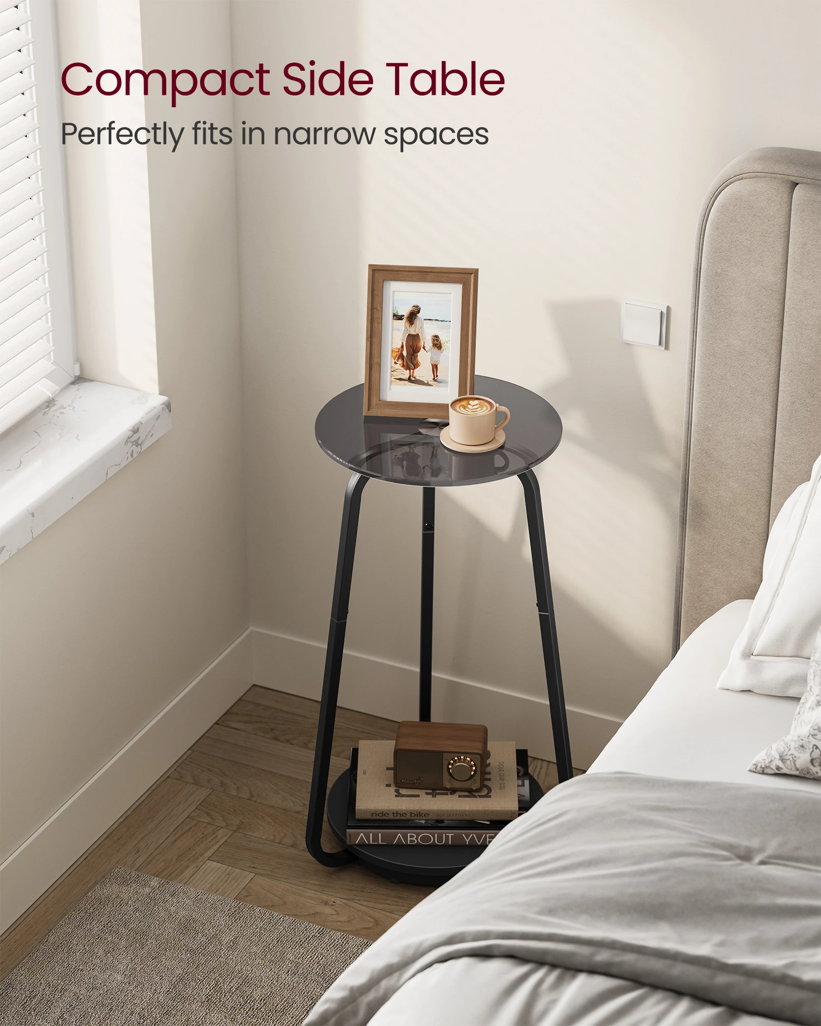 VASAGLE Round 2 Tier Nightstand Glass Tabletop Black Side Table Tall Coffee Tea End Table for Bedroom