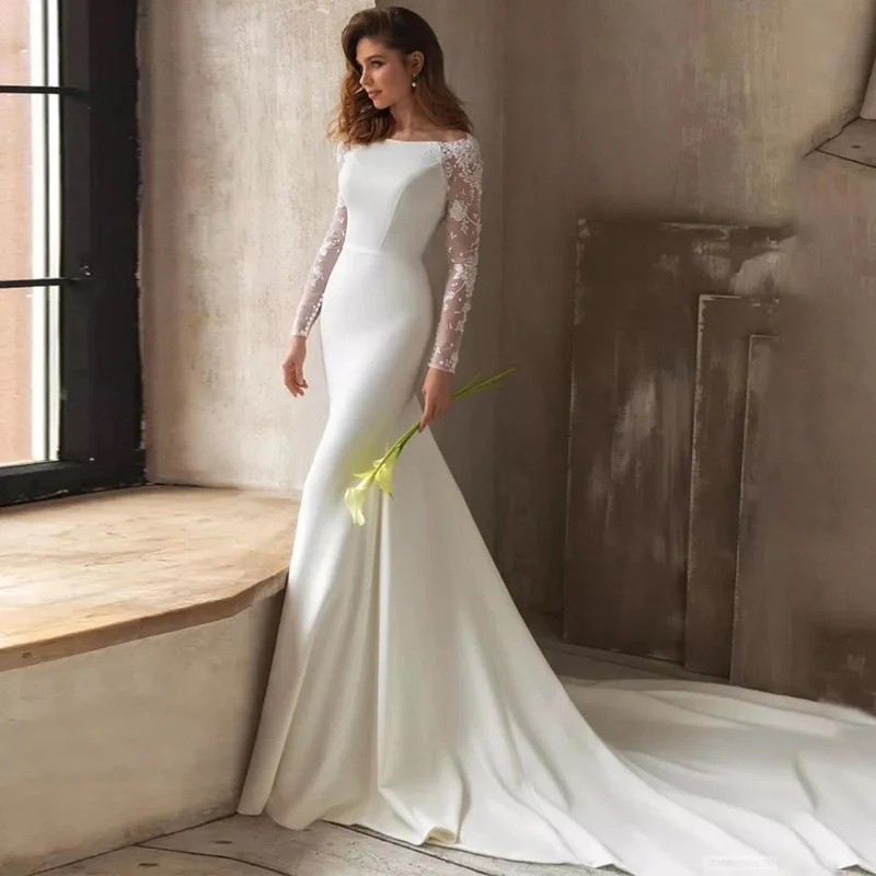 2023 hot sale Wholesale lace bridal wedding gown for bride Simple Satin Stretch Mikado formal dress for women elegant Ball Gown